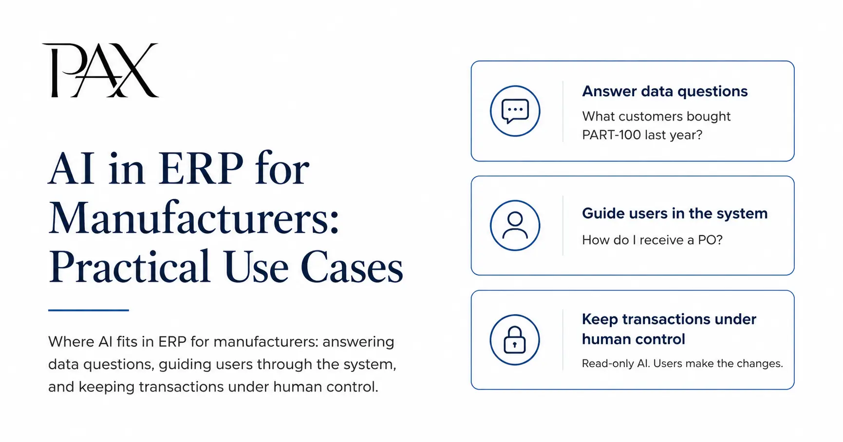 PAX AI in ERP illustration showing AI-assisted reporting and manufacturing data workflows