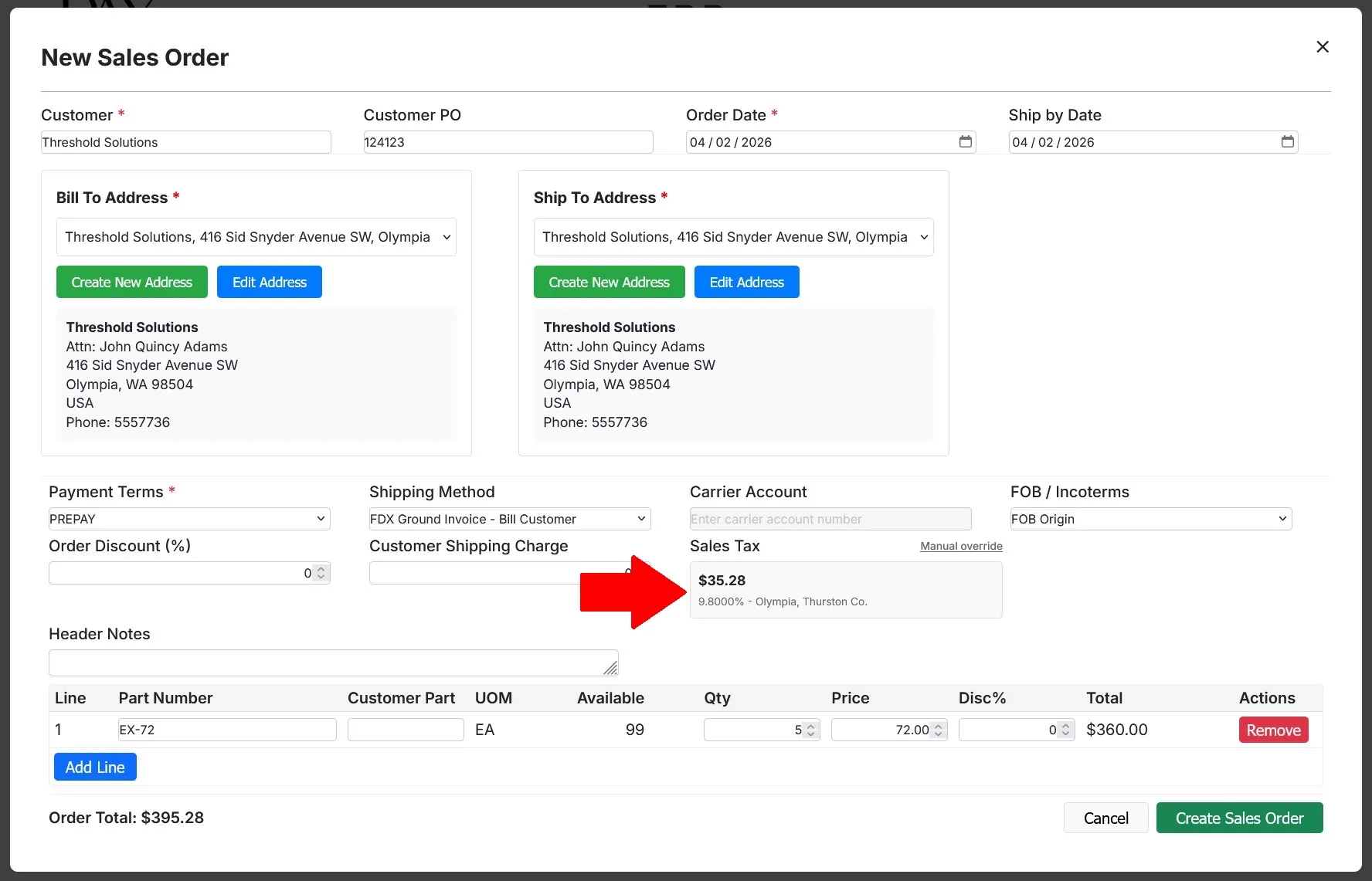 PAX ERP sales order showing calculated sales tax rate, jurisdiction, and county for a ship-to address