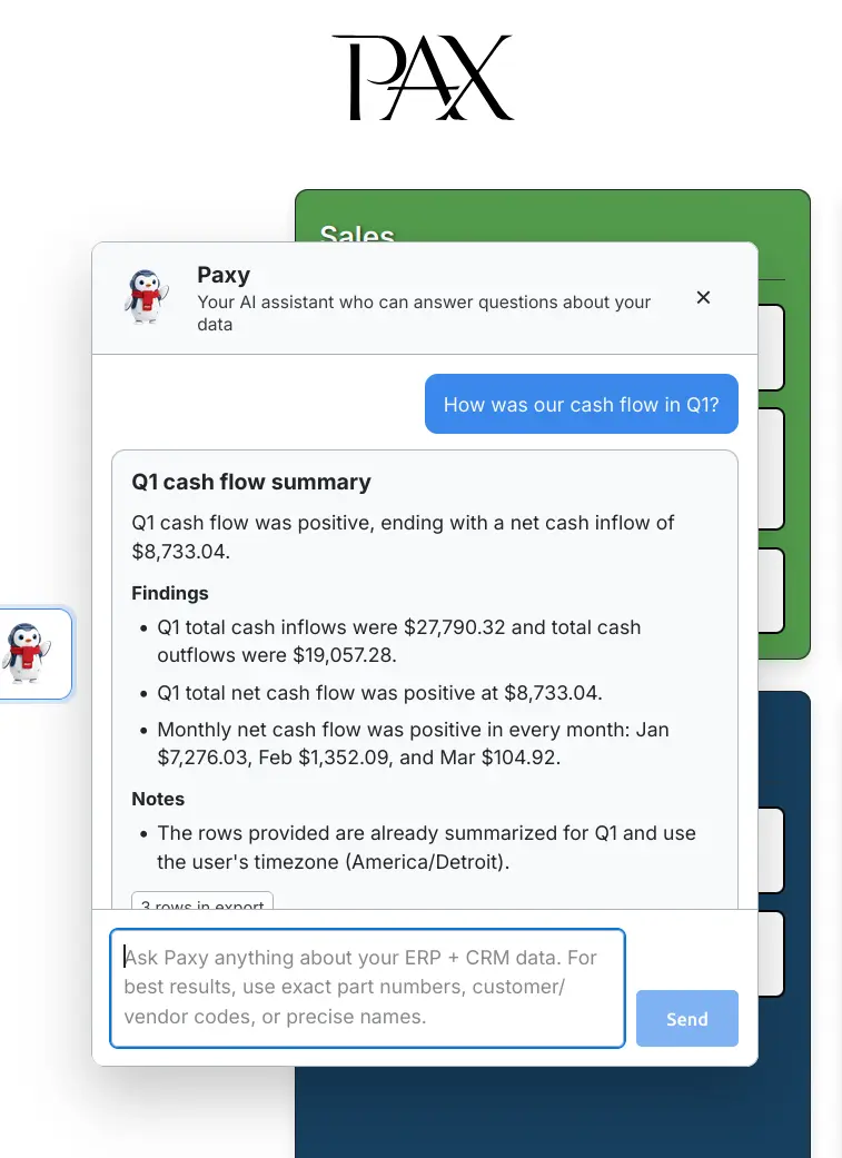 Example Paxy prompt asking for sales data in plain English