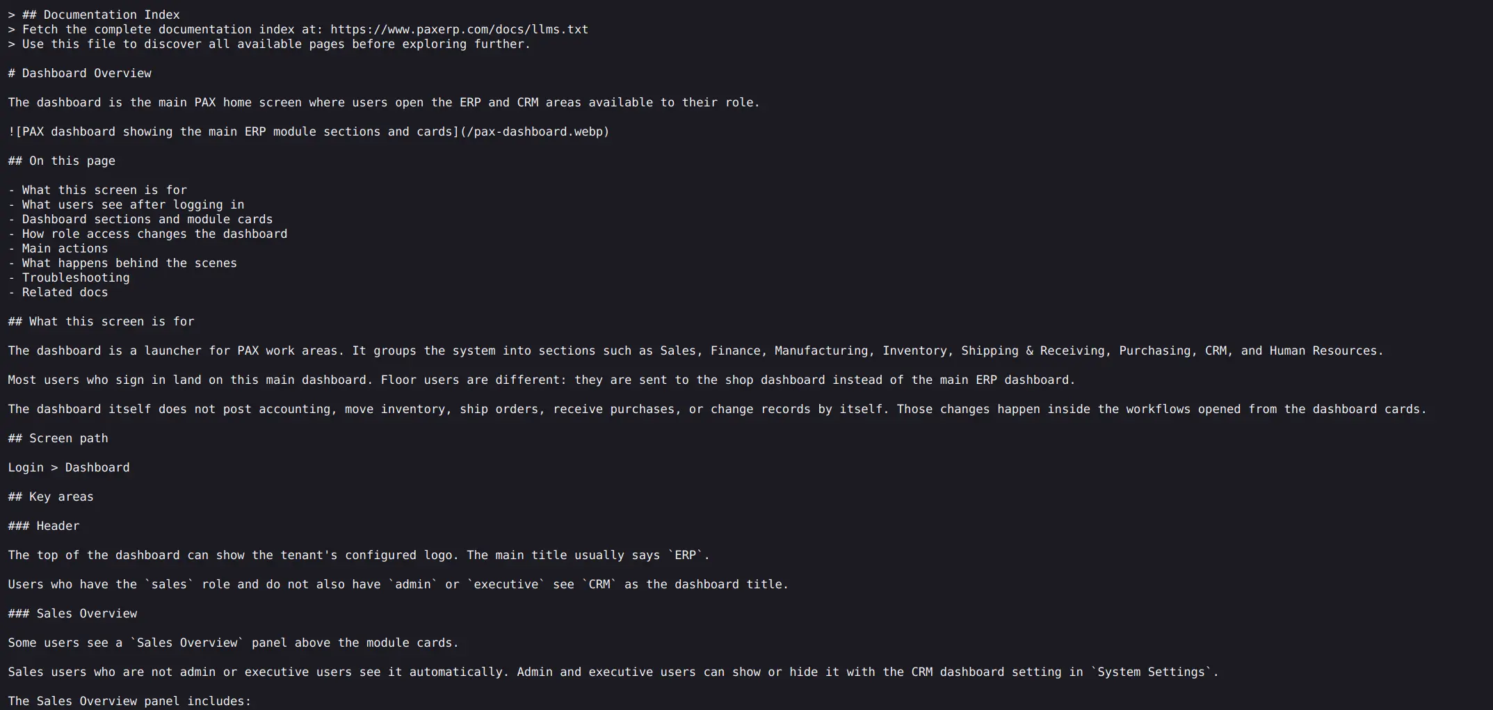 PAX dashboard overview raw Markdown documentation page for AI-readable docs