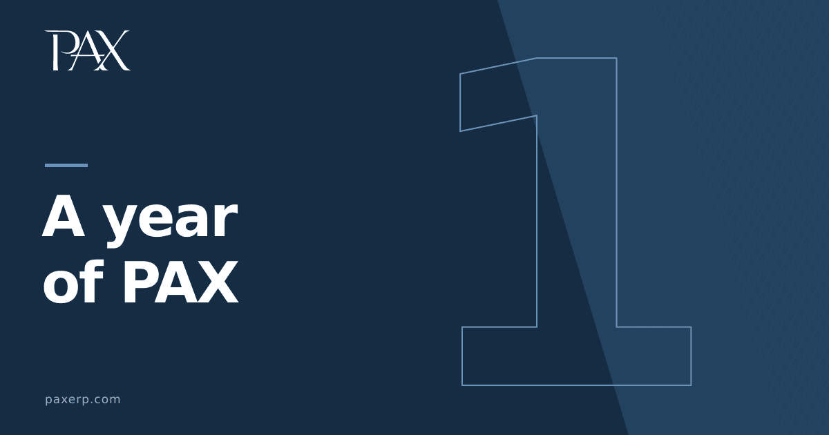 PAX logo and “A year of PAX” beside a large blue-outline numeral one on a dark blue background.